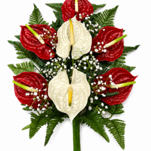 Mazzo anthurium artificiali per cimitero rosso e bianco in silicone  effetto realistico