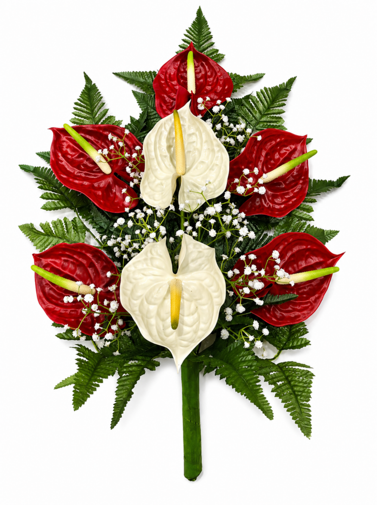 Mazzo anthurium artificiali per cimitero rosso e bianco in silicone  effetto realistico