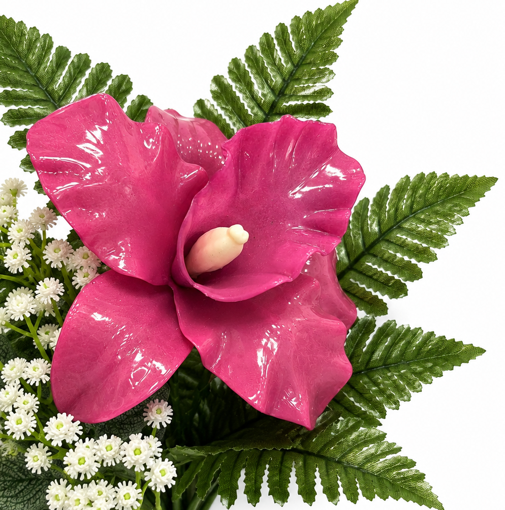 Mazzo di fiori artificiali in vetroresina per cimitero – tre catleya Dark pink - immagine 3