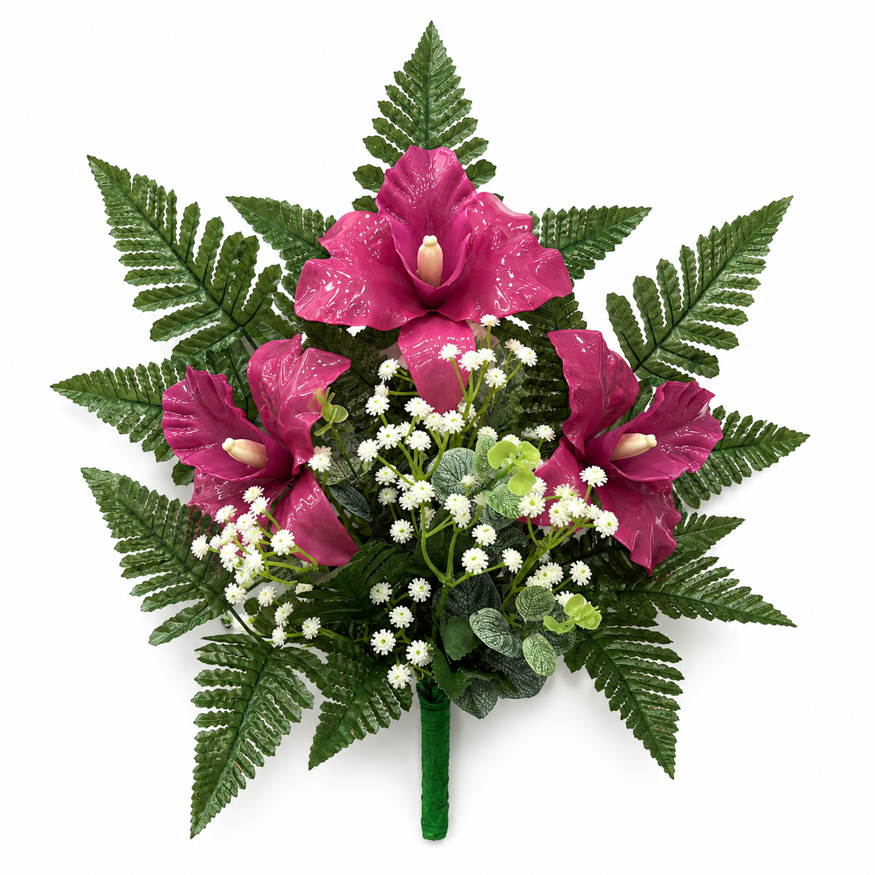 Mazzo di fiori artificiali in vetroresina per cimitero – tre catleya Dark pink