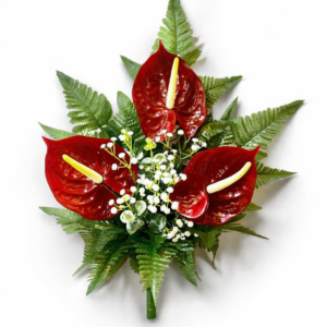 Fiori artificiali per cimitero mazzo con tre anthurium rossi