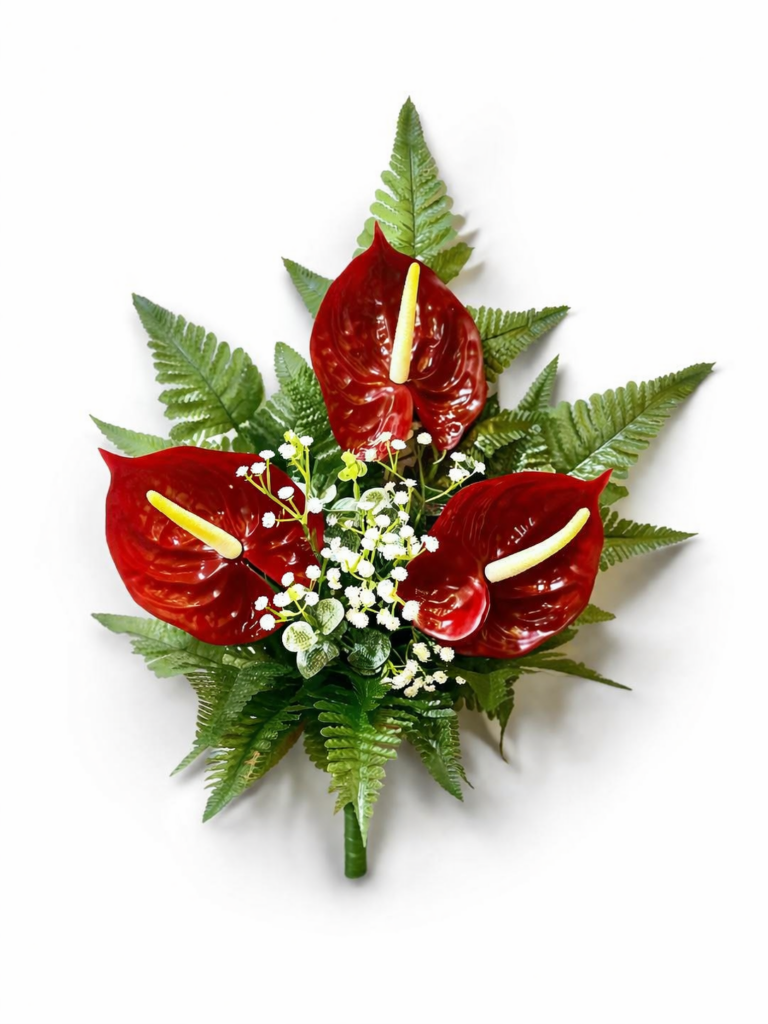 Fiori artificiali per cimitero mazzo con tre anthurium rossi
