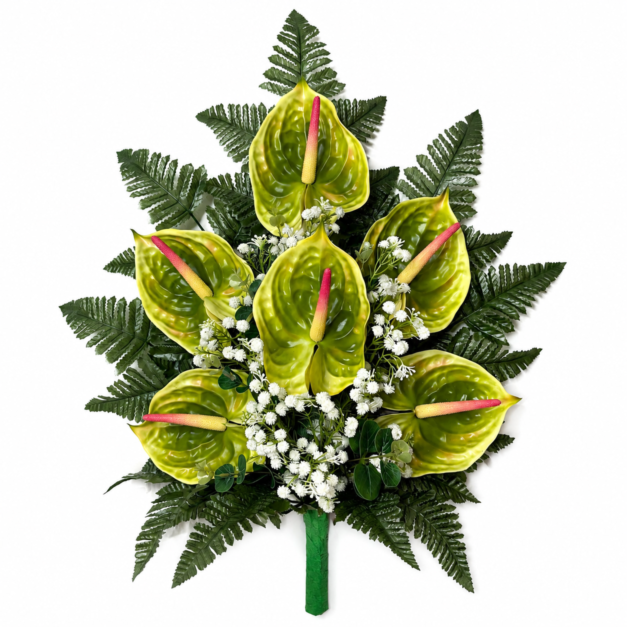 Mazzo Fiori artificiali per cimitero con sei anthurium verdi