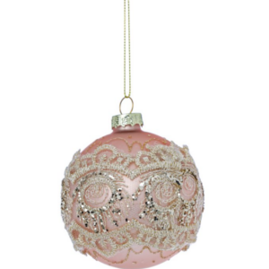Pallina di Natale in vetro rosa cipria  con decori merletto Ø 8 cm