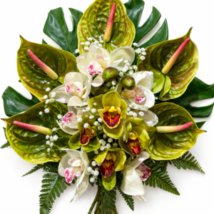 Mazzo di fiori artificiali per cimitero con anthurium verdi e orchidee in silicone – Composizione per loculi