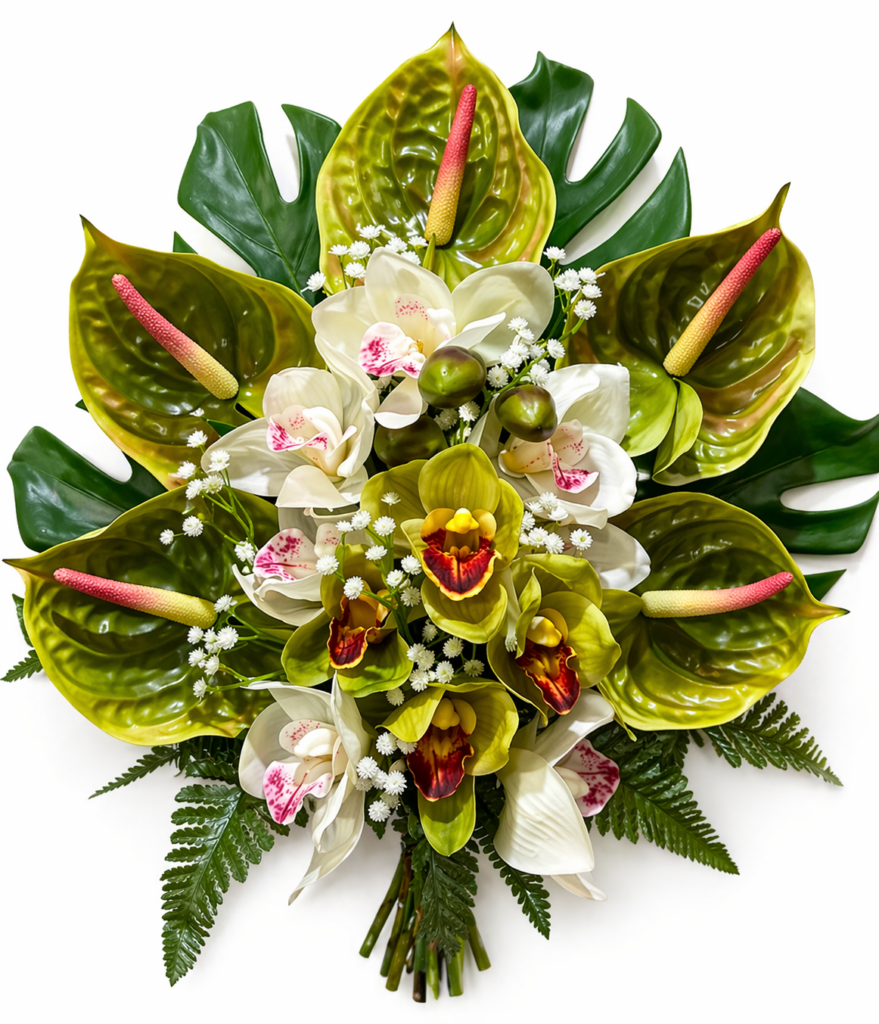Mazzo di fiori artificiali per cimitero con anthurium verdi e orchidee in silicone – Composizione per loculi