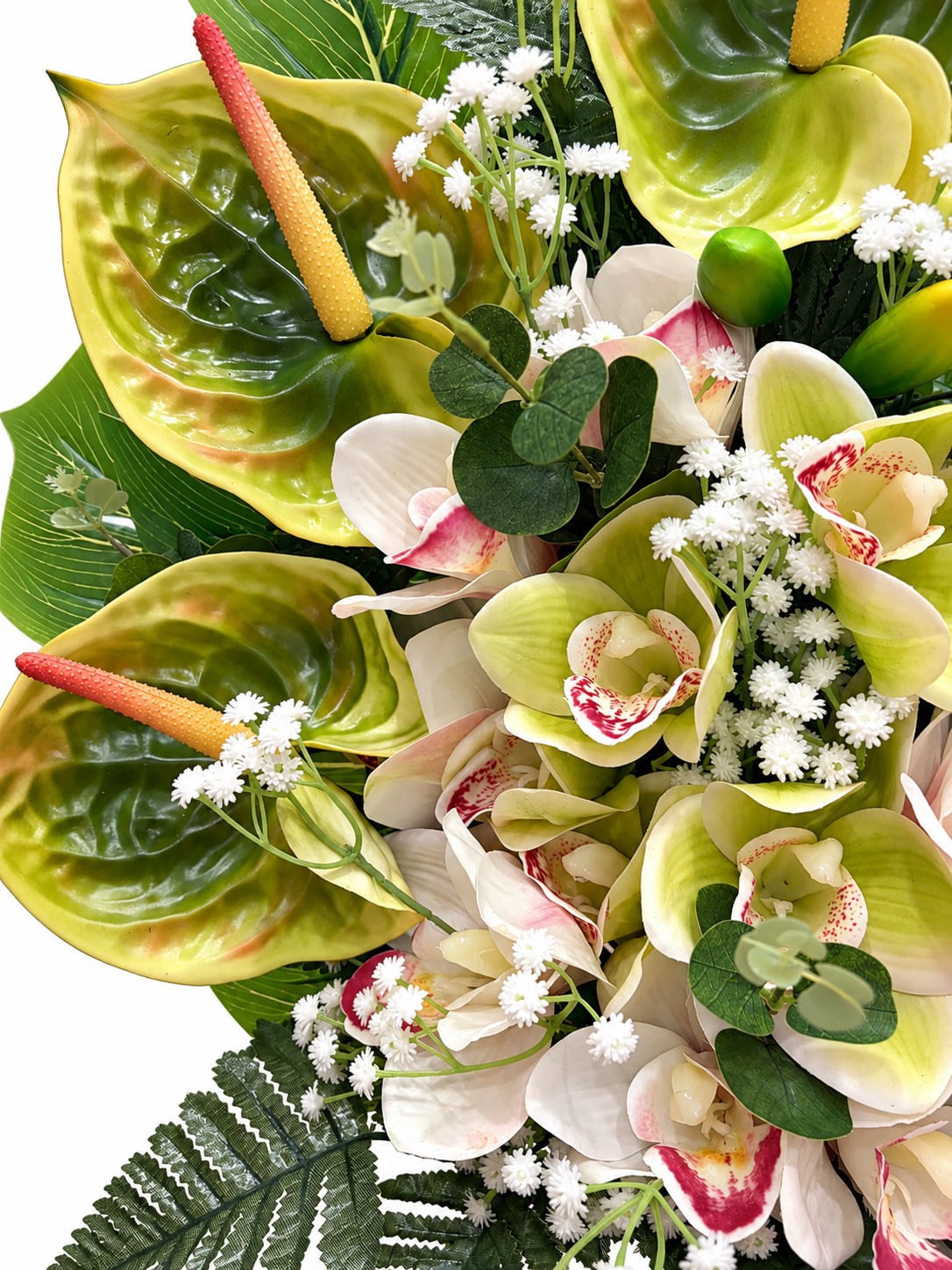 Mazzo di fiori artificiali per cimitero con anthurium verdi e orchidee in silicone – Composizione per loculi - immagine 3