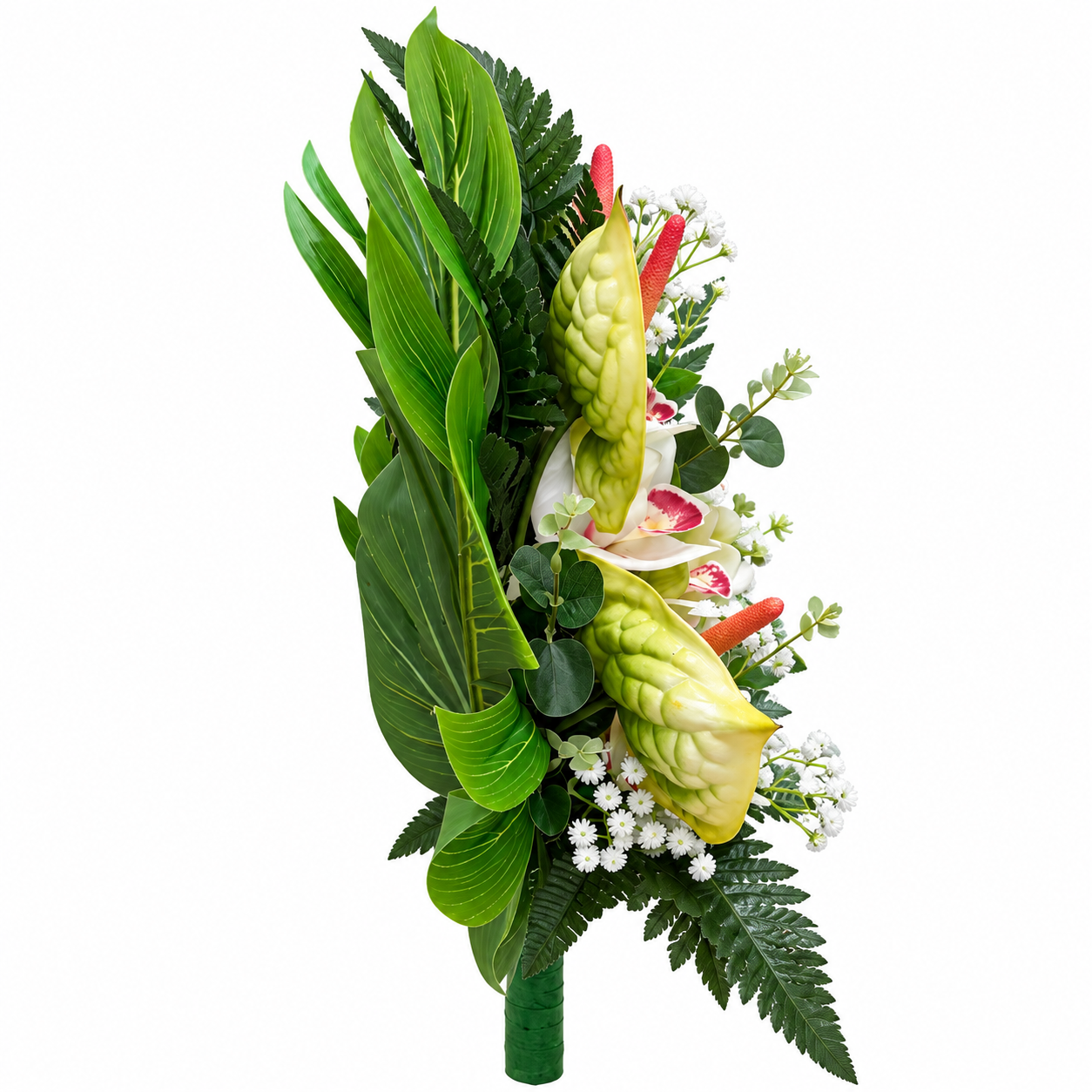 Mazzo di fiori artificiali per cimitero con anthurium verdi e orchidee in silicone – Composizione per loculi - immagine 2