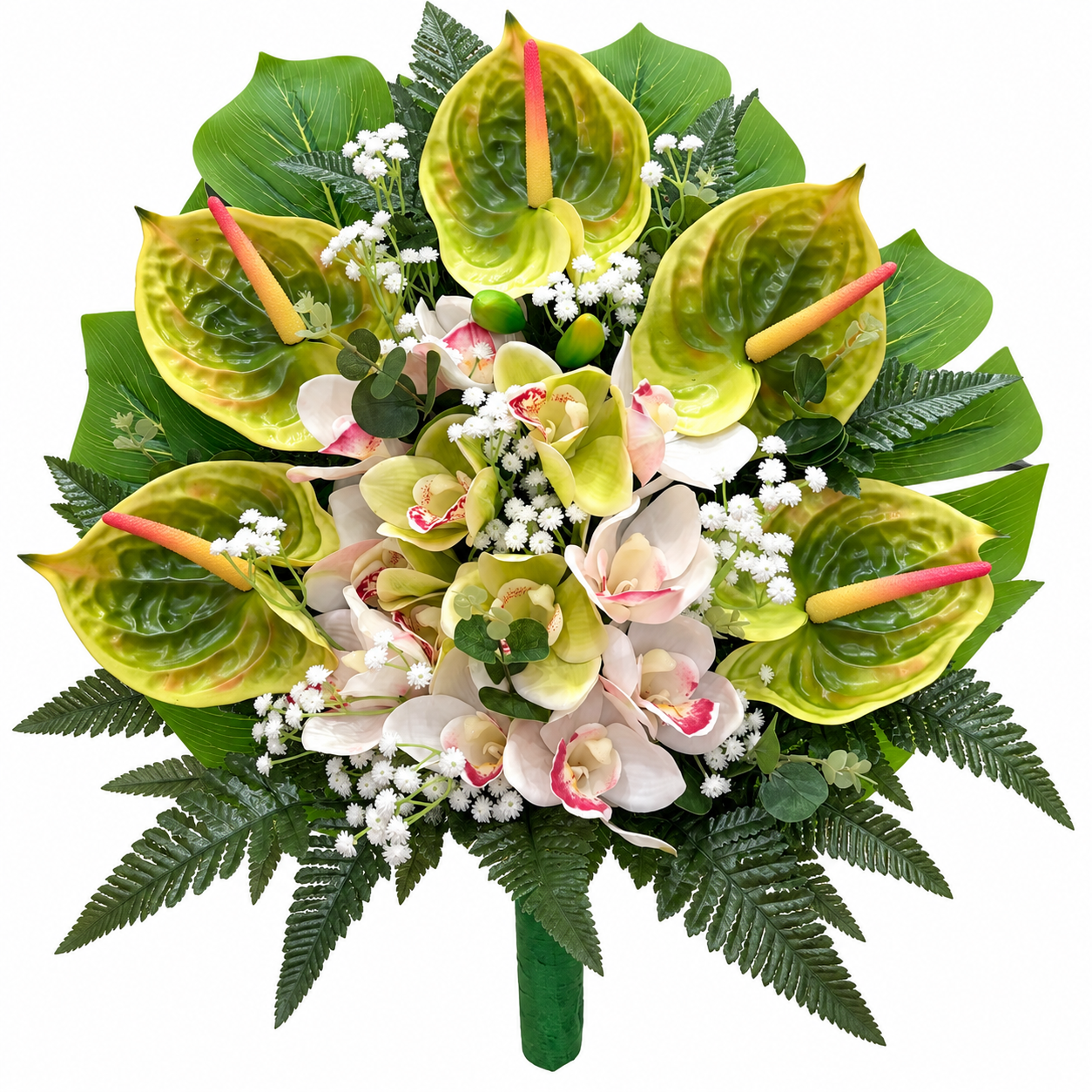 Mazzo di fiori artificiali per cimitero con anthurium verdi e orchidee in silicone – Composizione per loculi