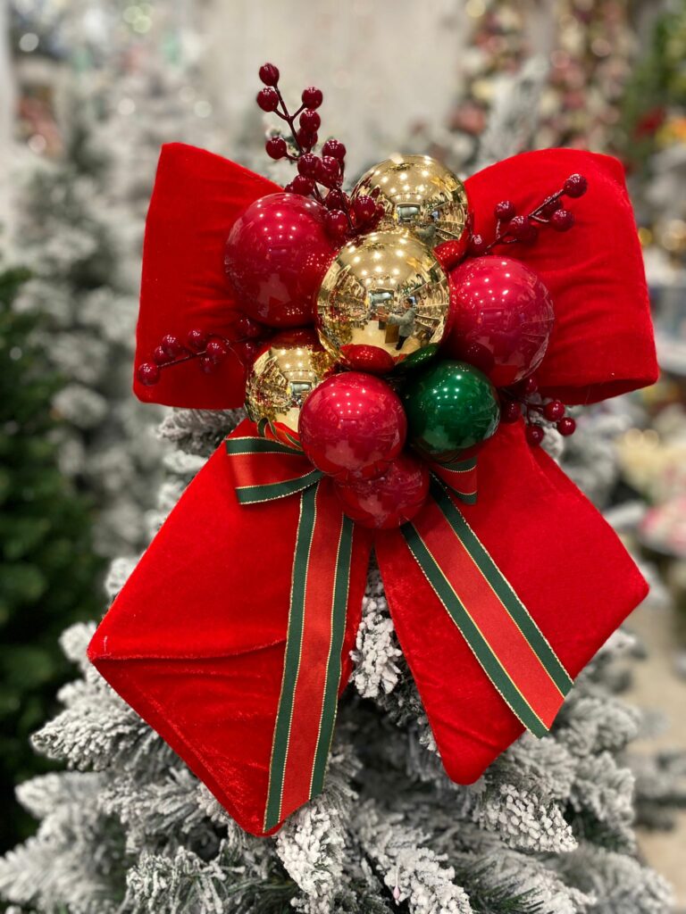 FIOCCO NATALIZIO IN VELLUTO ROSSO CON  PALLINE DI NATALE cm 40