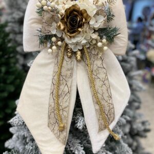 FIOCCO NATALIZIO IN VELLUTO PANNA CON CON ROSA ORO E DECORI cm 60