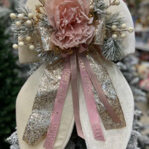 FIOCCO NATALIZIO IN VELLUTO PANNA CON PEONIA ROSA cm 60
