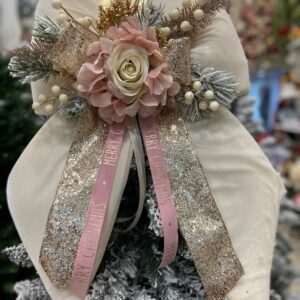 FIOCCO IN VELLUTO PANNA CON ROSA E ORTENSIA cm 60
