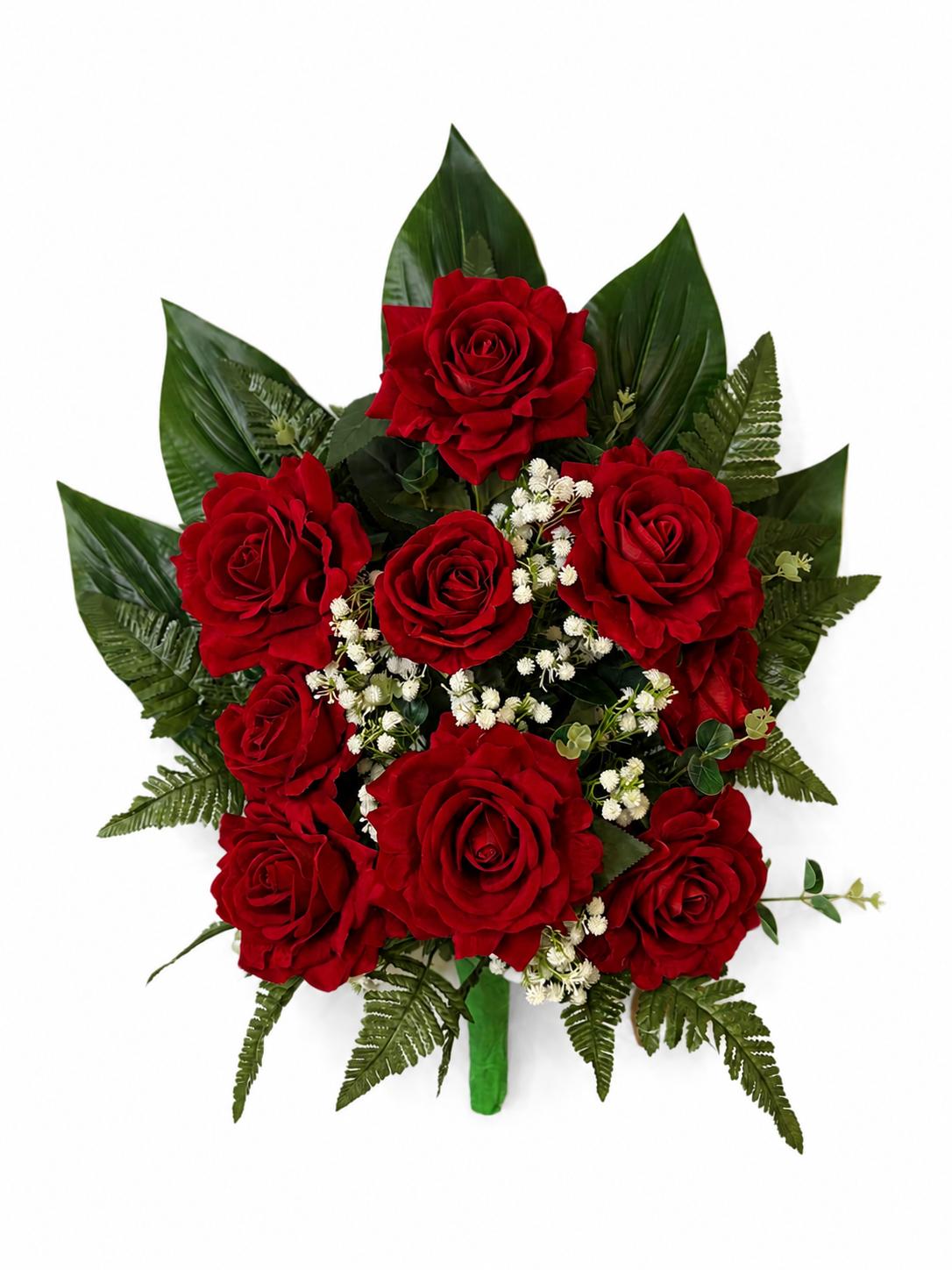 Fiori artificiali per cimitero mazzo con nove rose rosse in velluto