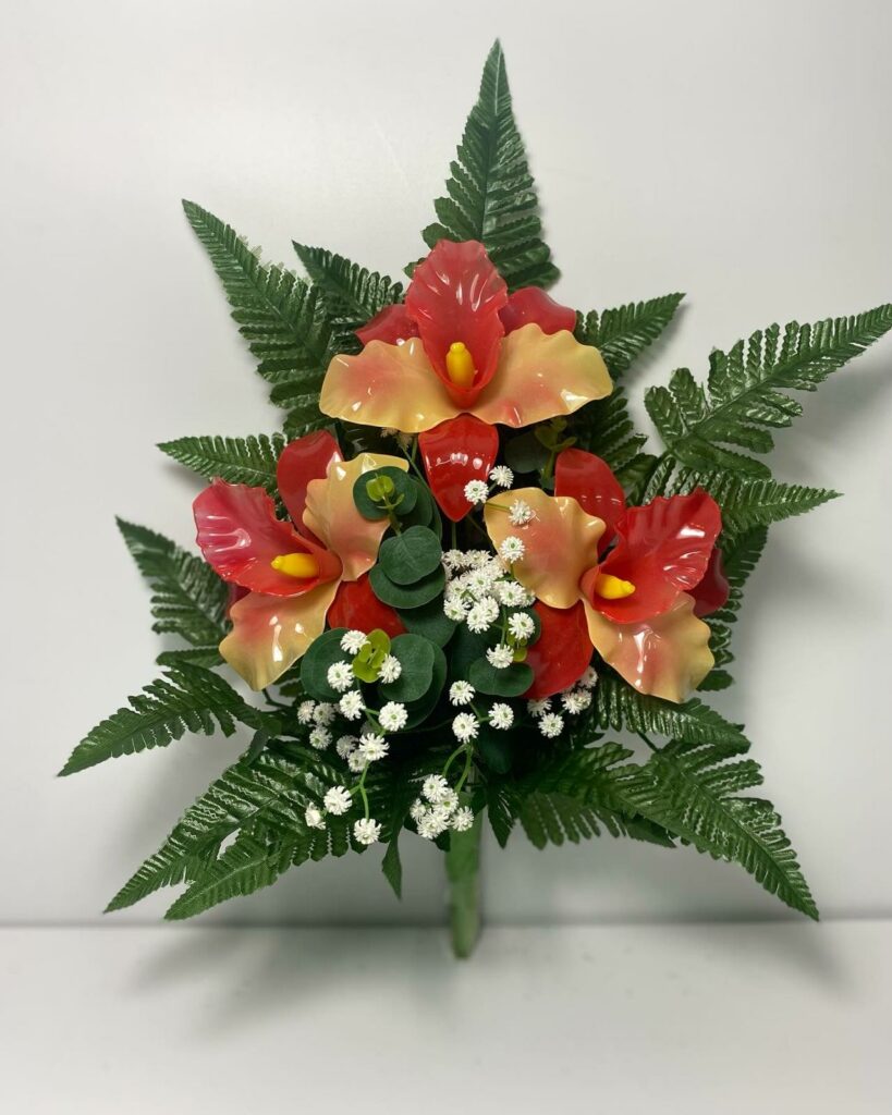 Fiori artificiali per cimitero mazzo con catleya in vetroresina rosse e arancio