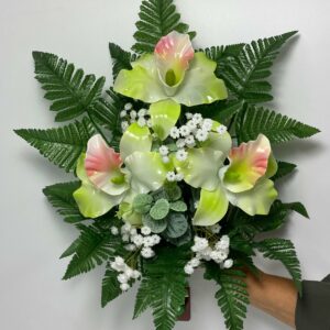 Fiori artificiali per cimitero mazzo con catleya in vetroresina verde con sfumature rosa
