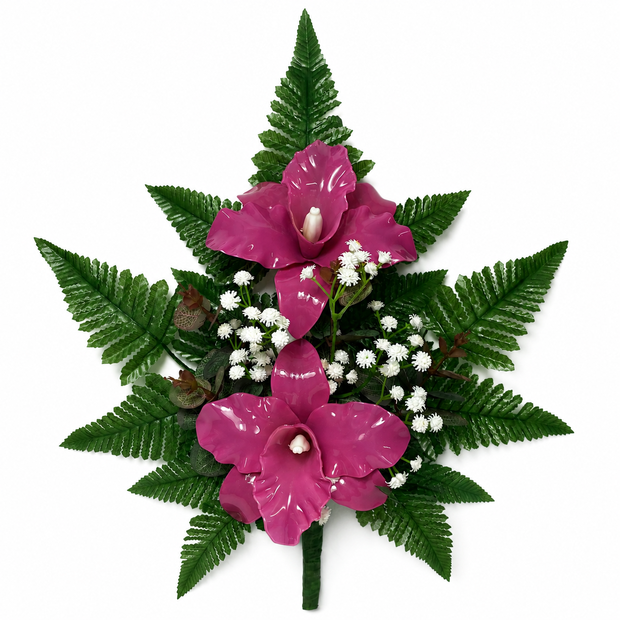 Fiori artificiali per cimitero mazzo con due catleya in vetroresina dark pink