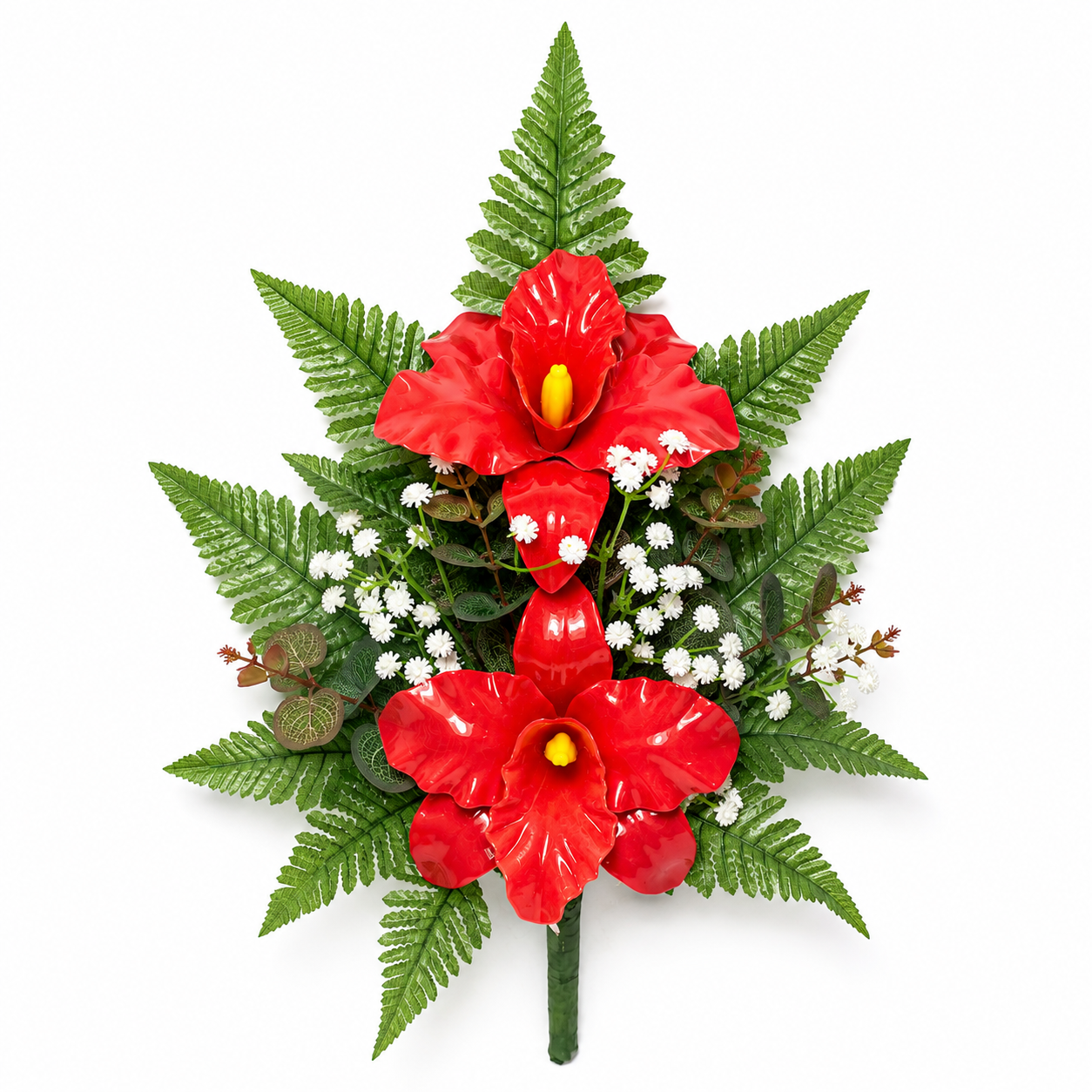 Fiori artificiali per cimitero mazzo con due catleya in vetroresina rosse