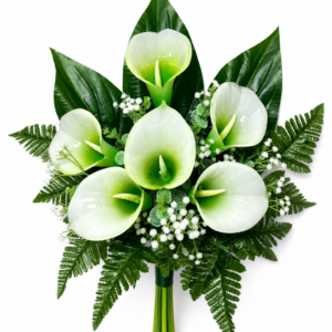 Fiori artificiali per cimitero mazzo con sei calle in vetroresina bianche con foglie lunghe