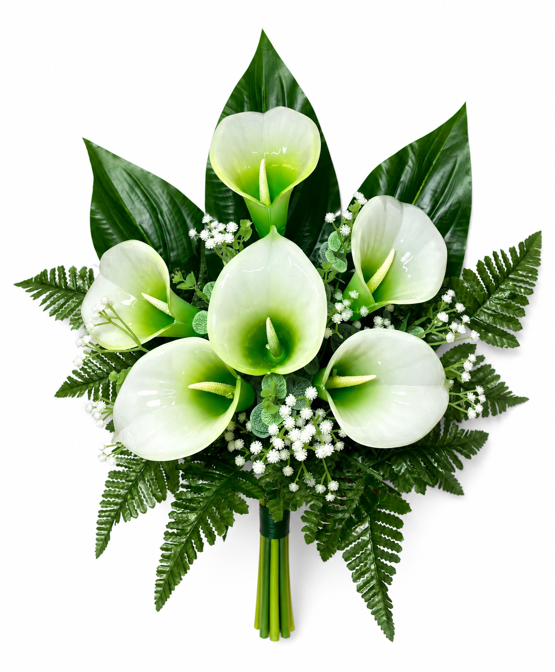 Fiori artificiali per cimitero mazzo con sei calle in vetroresina bianche con foglie lunghe