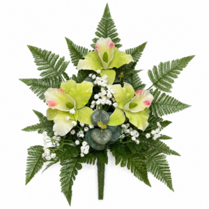 Mazzo di fiori artificiali per cimitero con quattro catleya vetroresina green
