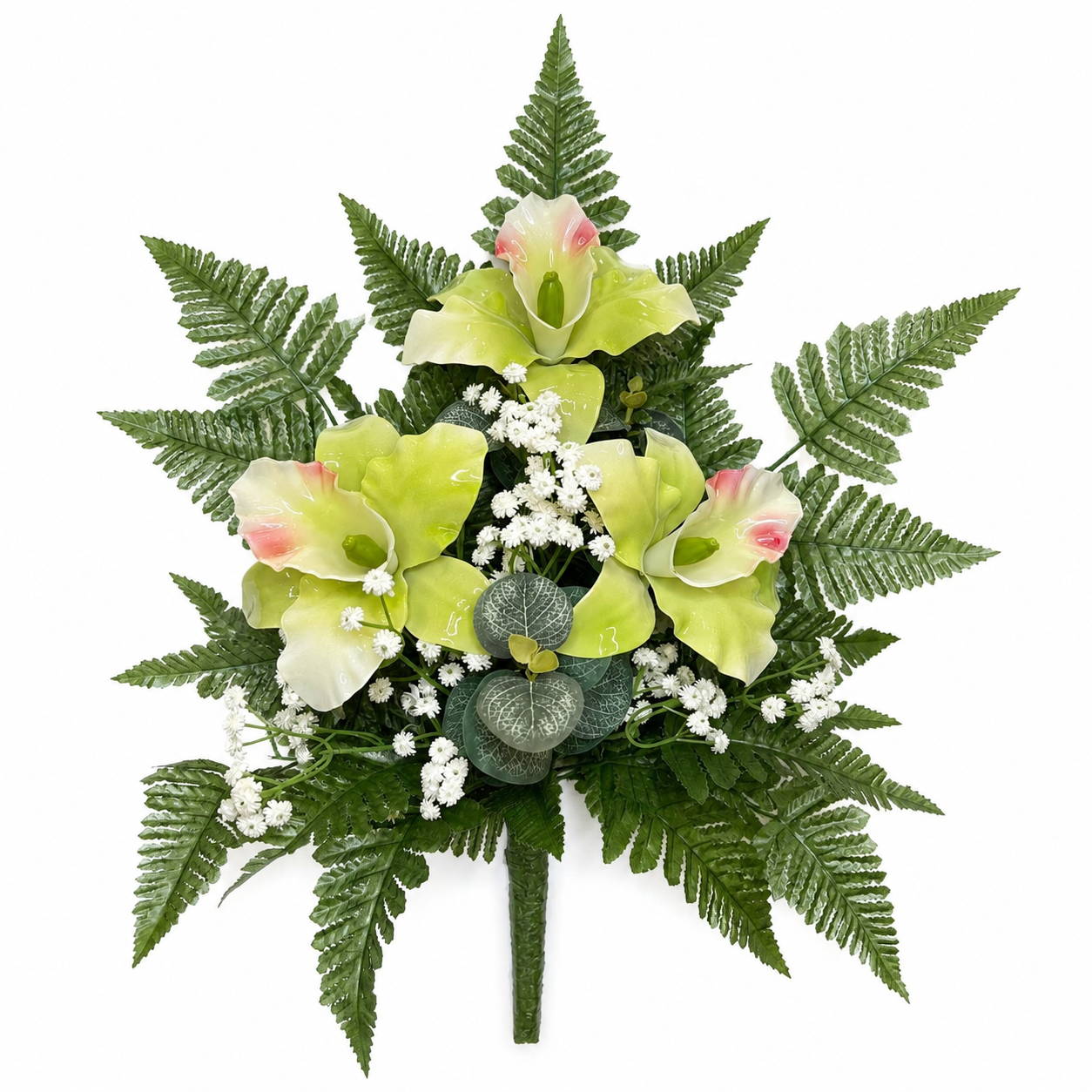 Mazzo di fiori artificiali per cimitero con quattro catleya vetroresina green