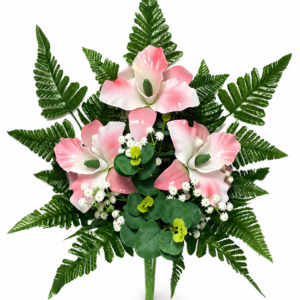 Mazzo di fiori artificiali per cimitero in vetroresina – Catleya rosa con eucalipto e felce