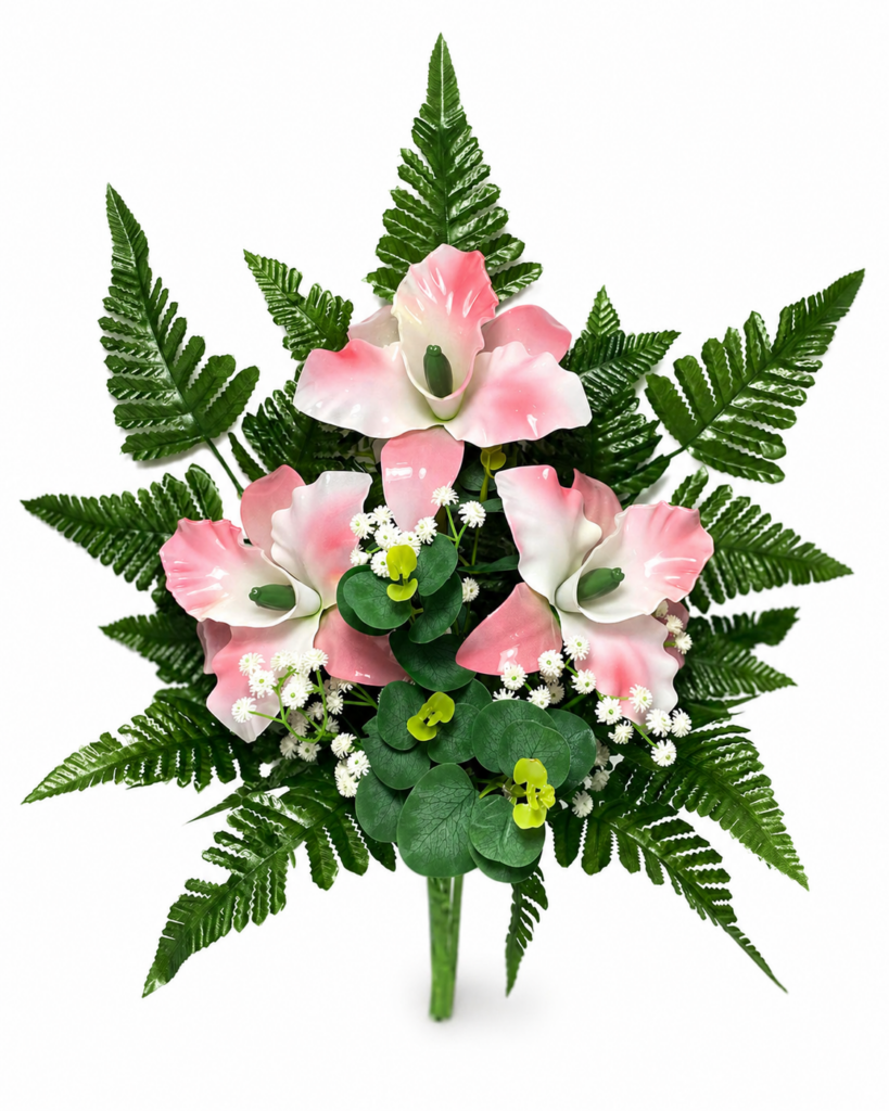 Mazzo di fiori artificiali per cimitero in vetroresina – Catleya rosa con eucalipto e felce