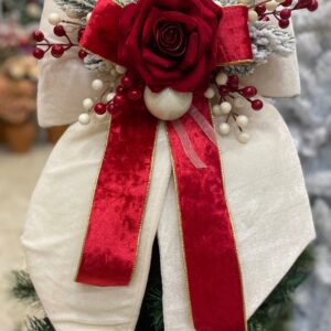 FIOCCO NATALIZIO IN VELLUTO PANNA CON ROSA ROSSA E DECORI cm 60
