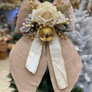 FIOCCO NATALIZIO IN VELLUTO TORTORA CON ROSA PANNA E DECORI cm 60