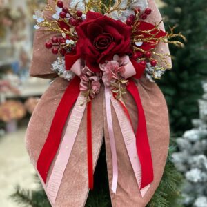 FIOCCO NATALIZIO IN VELLUTO ROSA CON ROSA ROSSA E DECORI cm 60
