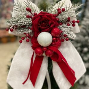 FIOCCO NATALIZIO IN VELLUTO BIANCO CON ROSA ROSSA E DECORI cm 60