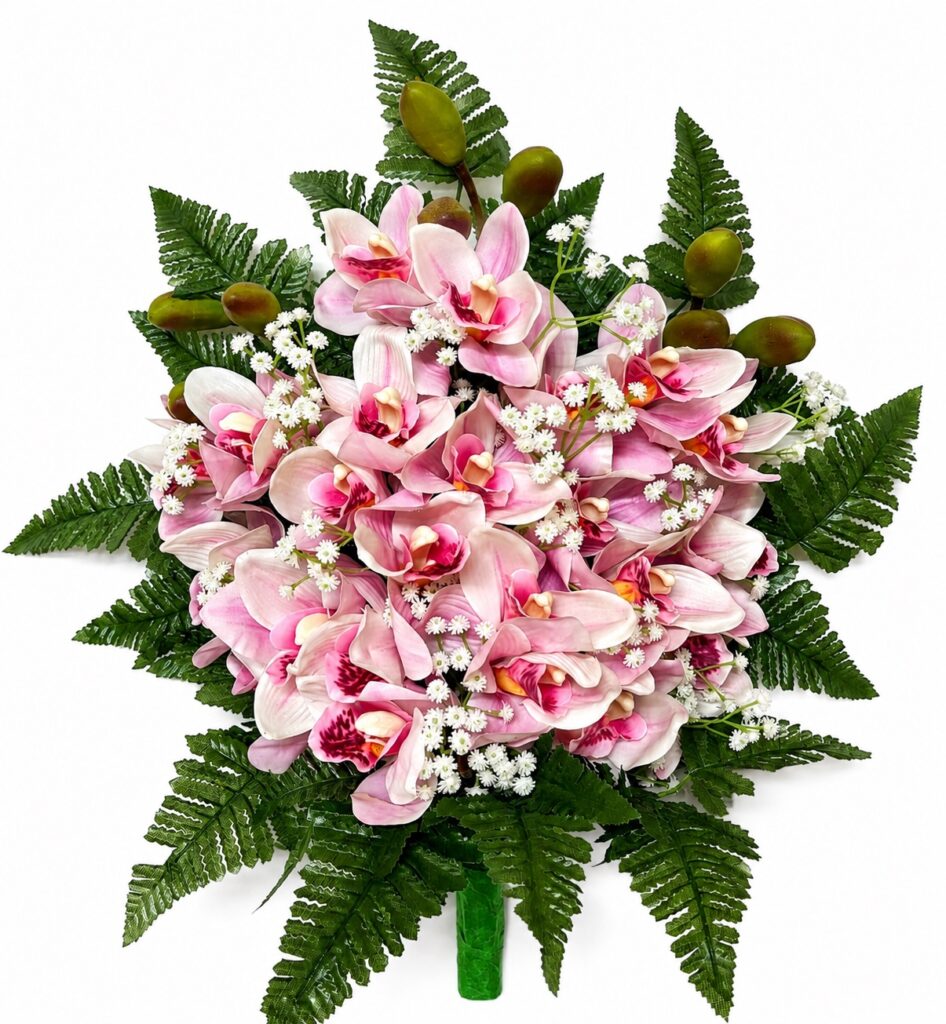 Mazzo Fiori artificiali per cimitero con orchidee rosa