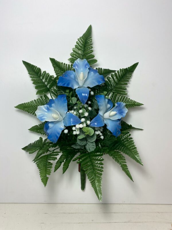 Fiori artificiali per cimitero mazzo con catleya in vetroresina blu