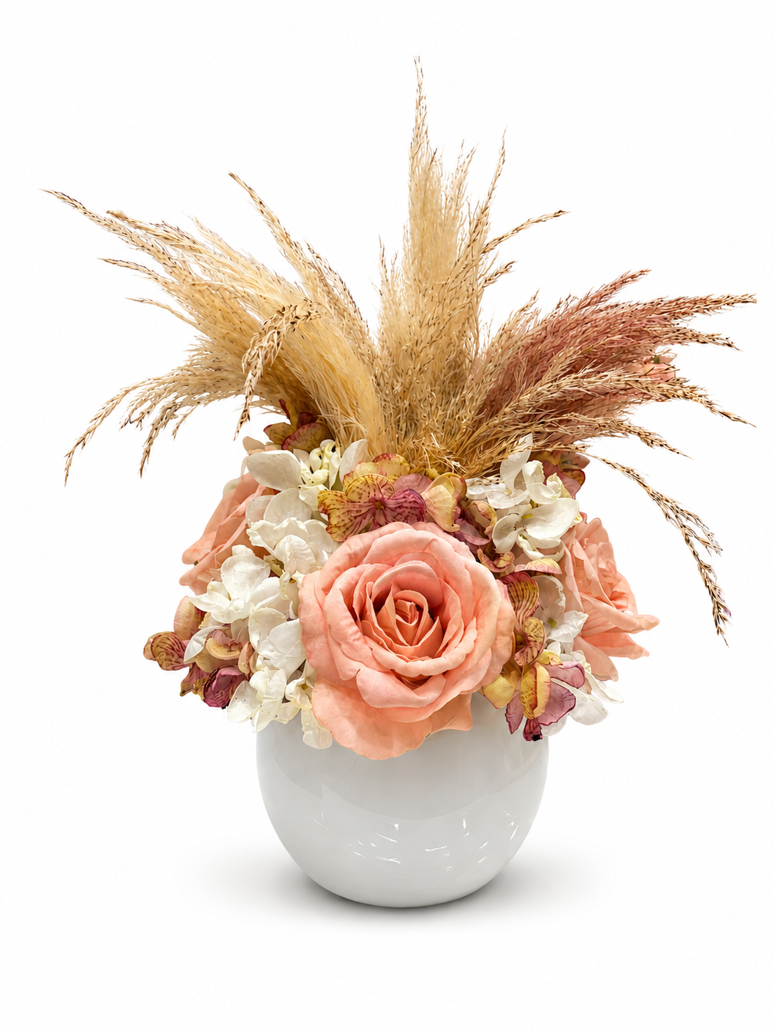 Centrotavola con fiori artificiali composto da rose in velluto di colore rosa, ortensie e rami di pampas Ø 25 cm