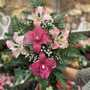 Fiori artificiali per cimitero mazzo con cinque catleya in vetroresina pink e dark oink