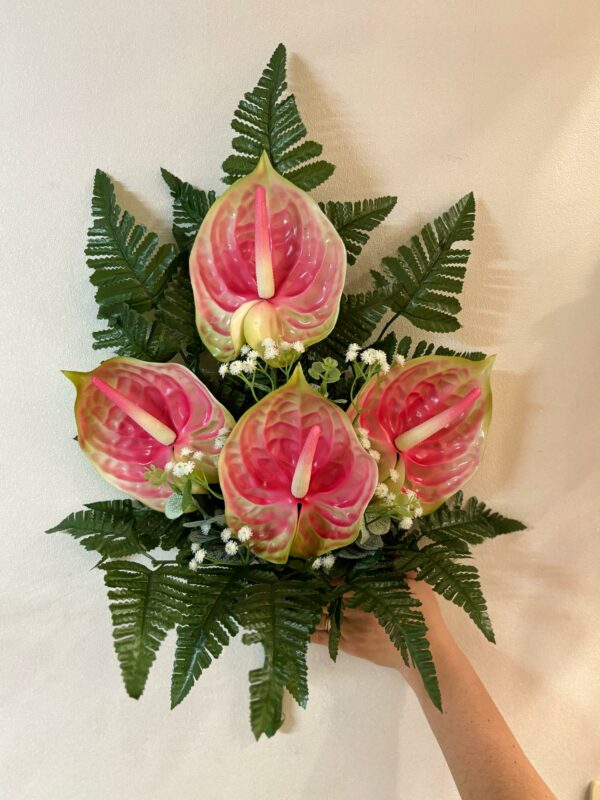 Fiori artificiali per cimitero mazzo con 4 anthurium rosa