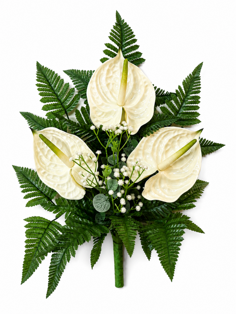 Mazzo Fiori artificiali per cimitero con tre anthurium bianchi