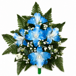 Fiori artificiali per cimitero mazzo con cinque catleya in vetroresina blu