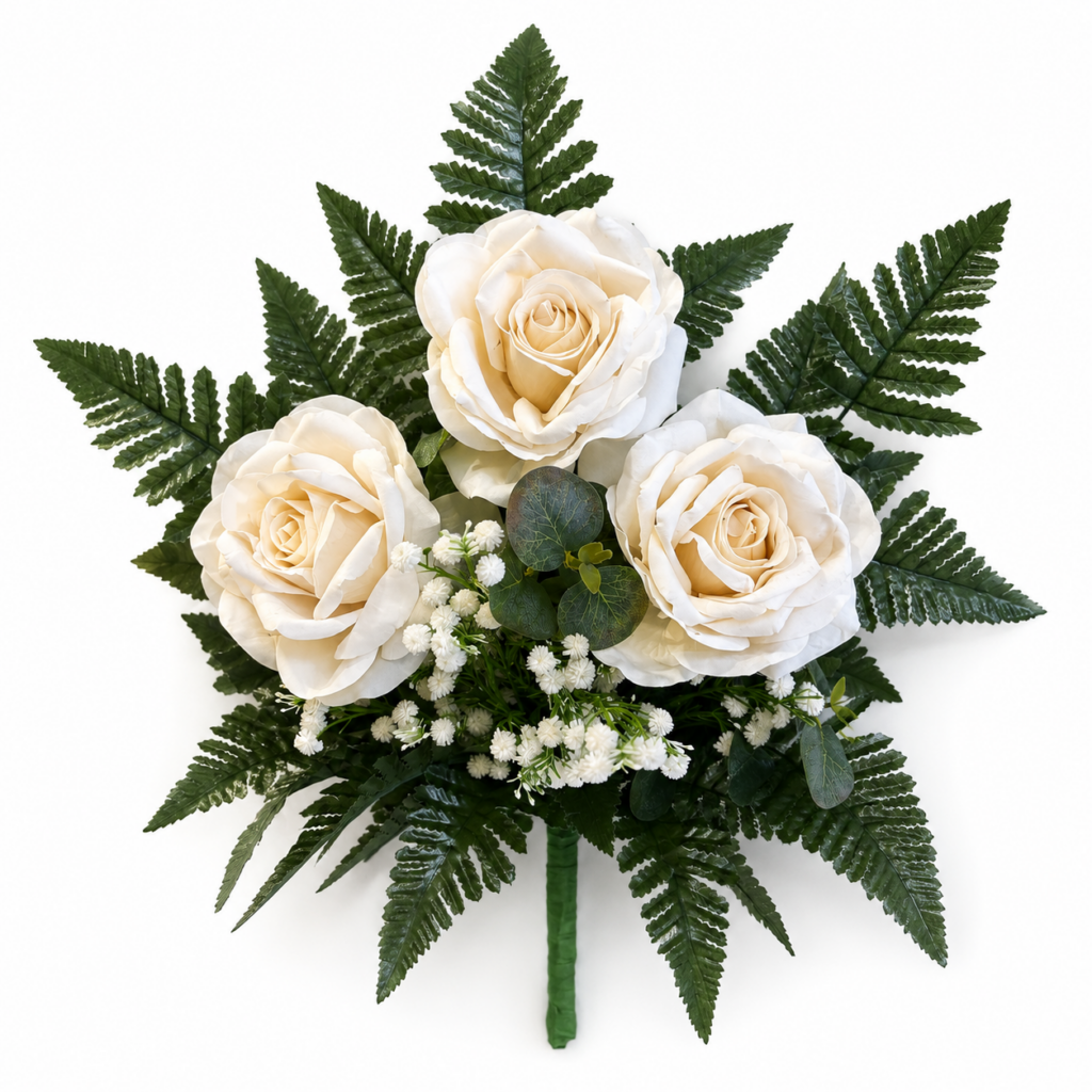 Mazzo fiori artificiali con tre rose panna per cimitero e loculi