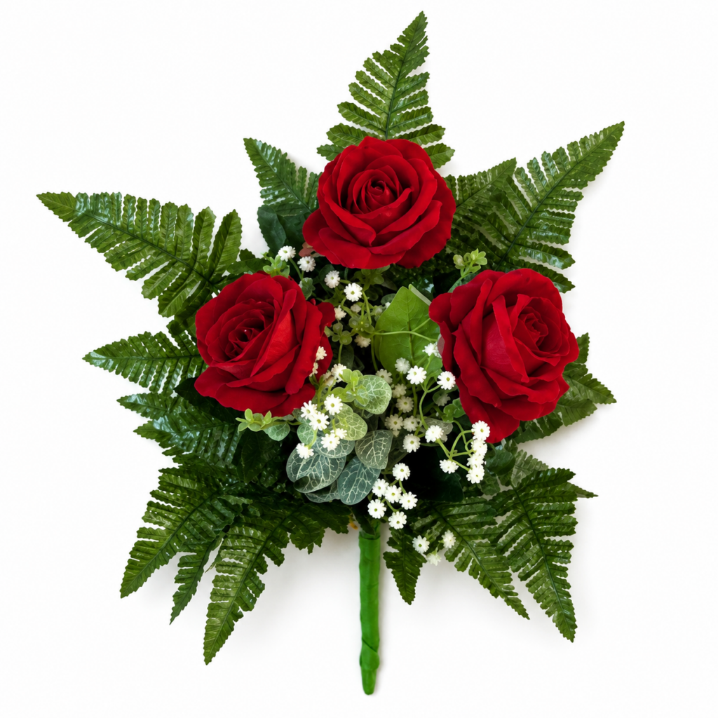 Fiori artificiali per cimitero mazzo con boccioli di rose rosse in velluto