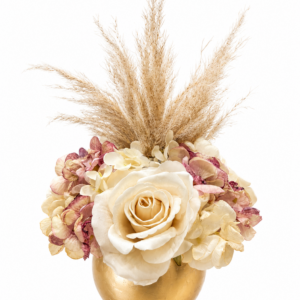 Ampolla oro fiori artificiali con rose  panna, ortensie e pampas Ø 20