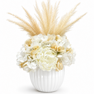 Centrotavola con fiori artificiali composto da peonie, ortensie e pampas Ø 25 cm