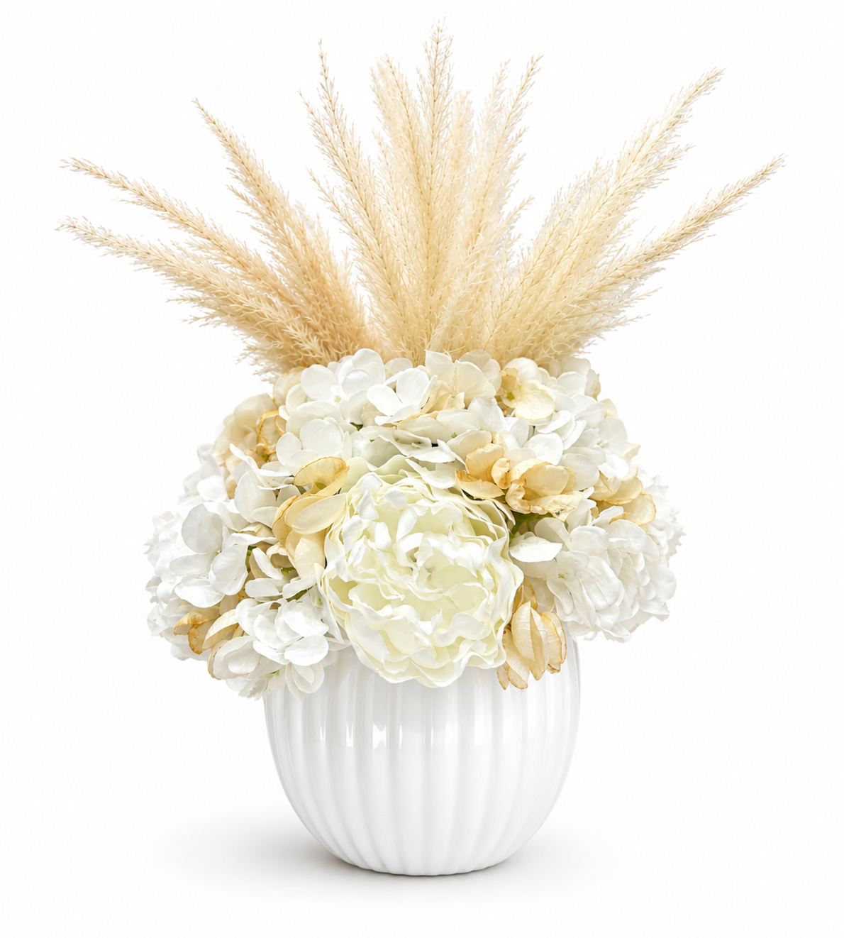 Centrotavola con fiori artificiali composto da peonie, ortensie e pampas Ø 25 cm