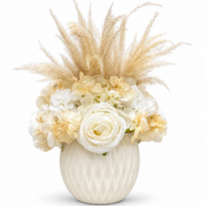 Centrotavola con fiori artificiali composto da rose panna, ortensie e pampas Ø 25 cm