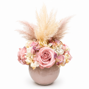 Centrotavola ampolla con fiori artificiali rose rosa, ortensie e pampas Ø 25 cm
