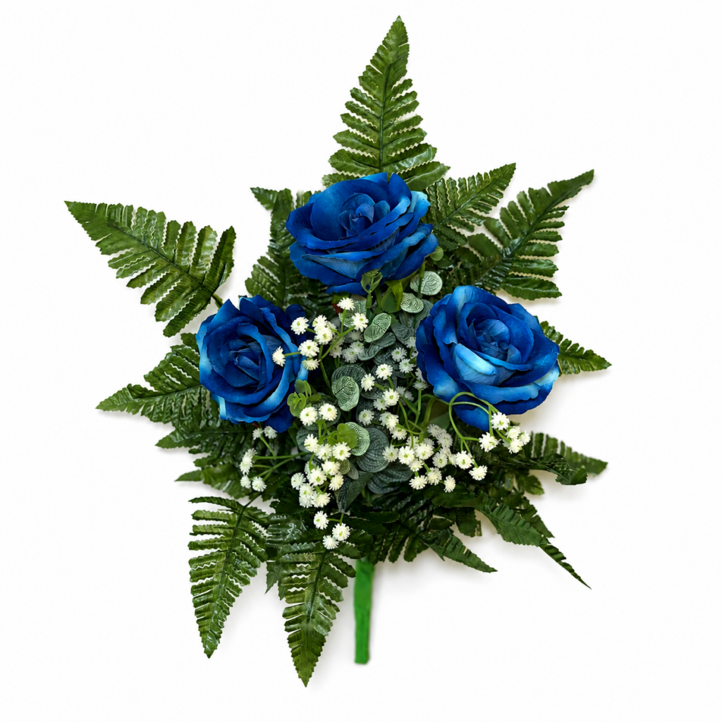 Fiori artificiali per cimitero mazzo con boccioli di rose blu con sfumature in velluto