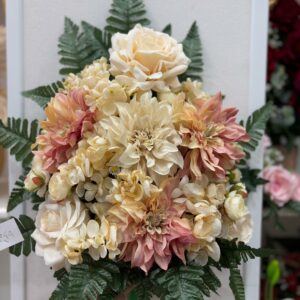 Fiori artificiali per cimitero mazzo con rose Panna in velluto, dalie in tessuto e ortensie