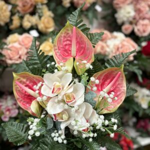 Fiori artificiali per cimitero mazzo con anthurium rosa e orchidee in silicone
