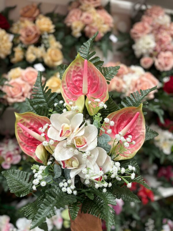 Fiori artificiali per cimitero mazzo con anthurium rosa e orchidee in silicone
